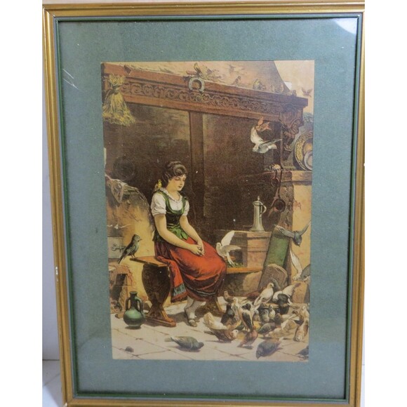 Antique Color Lithograph ~Among Friends~ circa 1880's  Woman Watching Birds - Picture 1 of 3